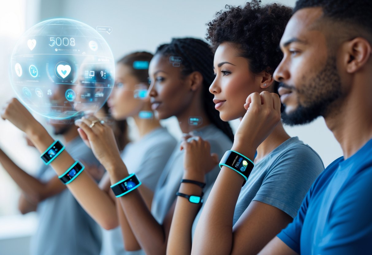 v2-1006r1-ws3e8 - Preventive Medicine Daily Close-up of people wearing modern smartwatches and fitness bands with visible sensors, showing health data projections above the devices.