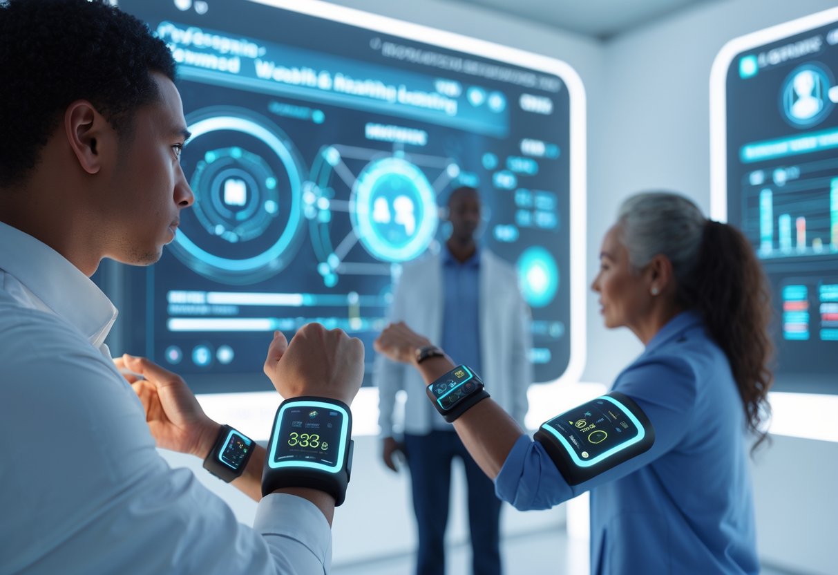 v2-1006s8-0u11i - Preventive Medicine Daily Two people wearing modern wearable devices with glowing biometric displays, standing in a bright high-tech environment with digital data visuals in the background.