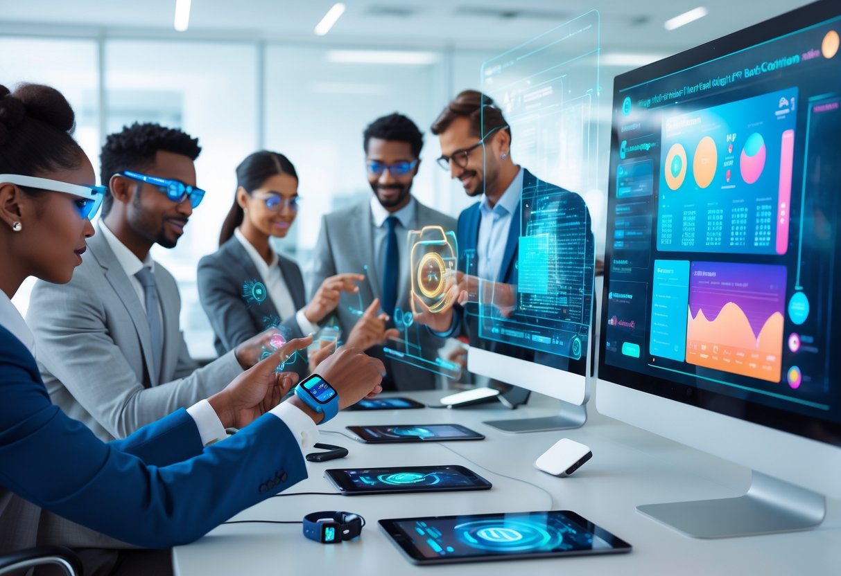 v2-1006u9-3pskk - Preventive Medicine Daily A group of professionals using advanced wearable devices and interacting with floating digital screens showing real-time health data in a bright modern office.