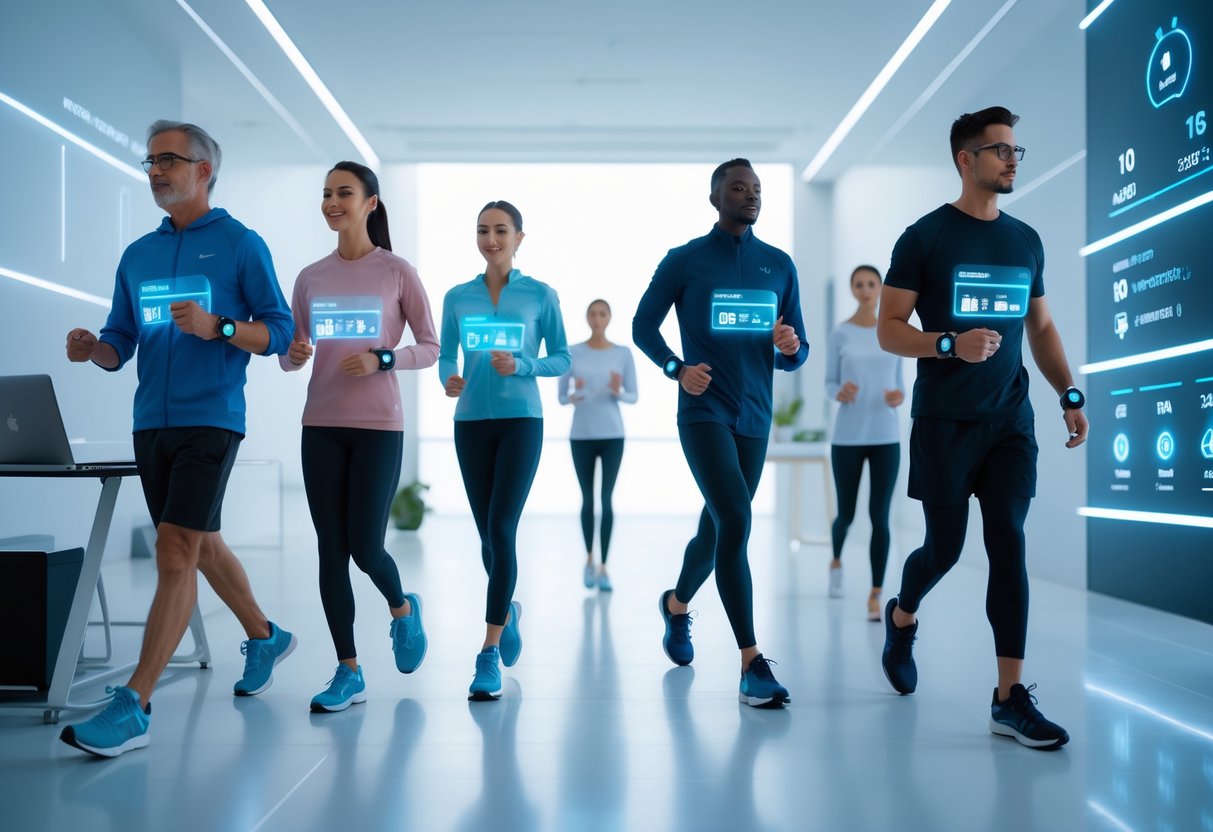 v2-1006v5-c997p - Preventive Medicine Daily People wearing advanced wearable devices monitoring health metrics while engaging in daily activities in a modern setting.