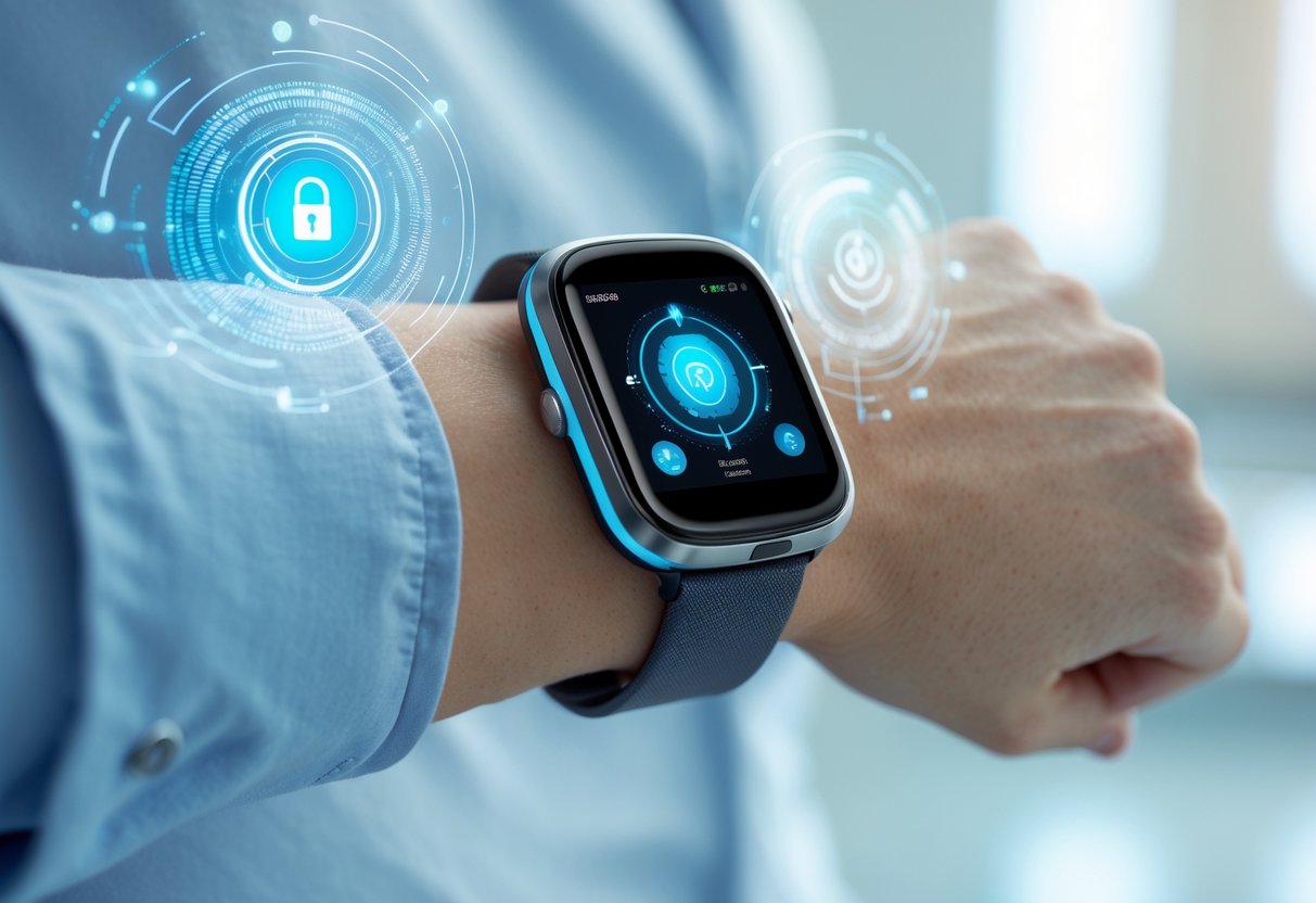 v2-1006wa-hfhjk - Preventive Medicine Daily Close-up of a person wearing a modern health monitoring wrist device with visible sensors and a digital display, showing interaction with the wearable technology.