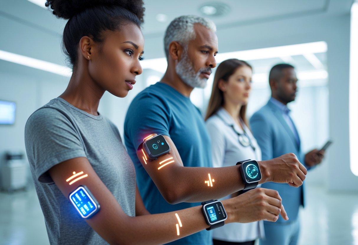 v2-1006xc-rx06n - Preventive Medicine Daily People wearing modern wearable devices like smartwatches and health patches in a bright, futuristic medical environment.