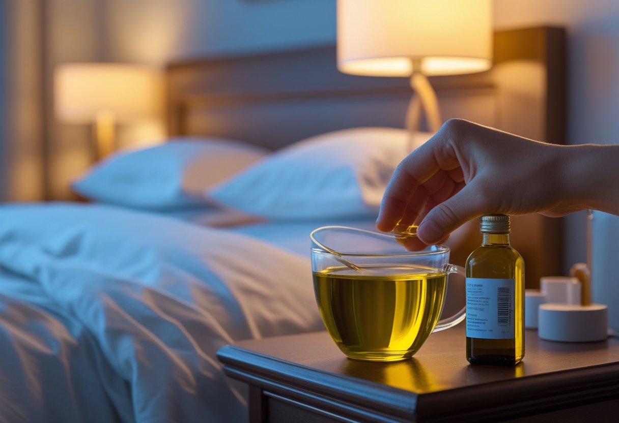 v2-107m2u-9iup4 - Preventive Medicine Daily A person holding a glass of olive oil next to a bedside table with a bottle of olive oil in a softly lit bedroom at night.