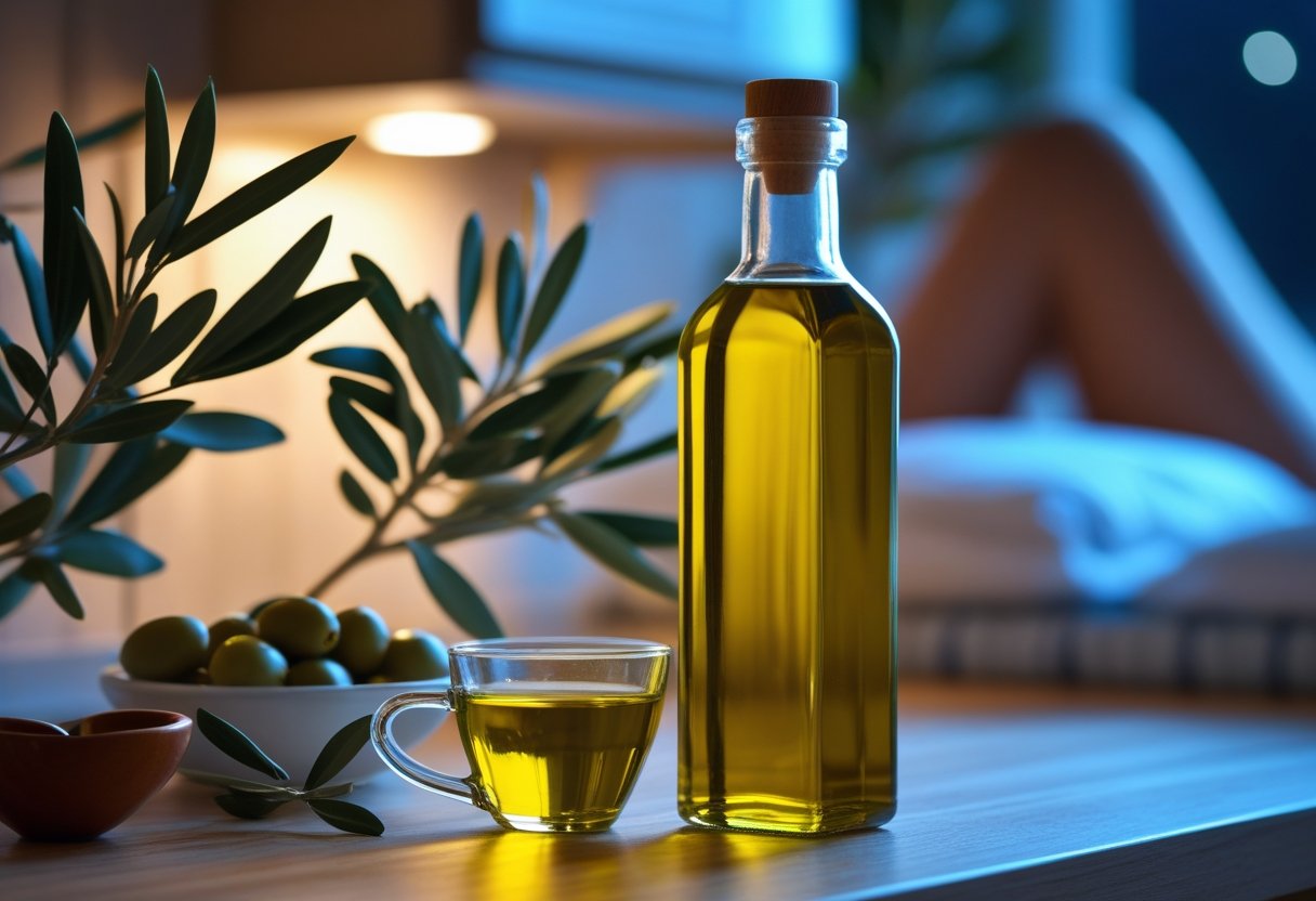 v2-107m3a-tdyzf - Preventive Medicine Daily A glass bottle and small cup of olive oil on a wooden countertop with fresh olives and olive branches nearby, softly lit in a cozy kitchen setting at night.