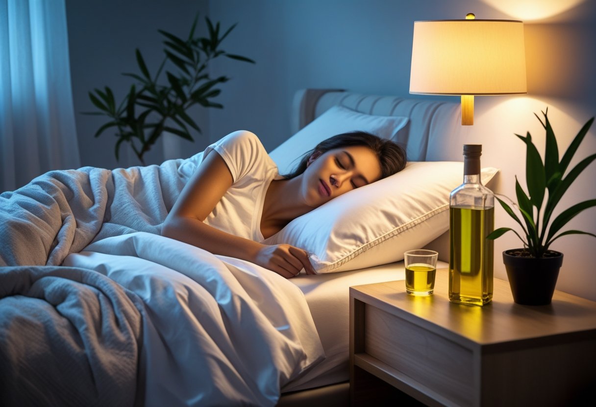 - Preventive Medicine Daily A person sleeping peacefully in a cozy bedroom with a glass and bottle of olive oil on the nightstand nearby.