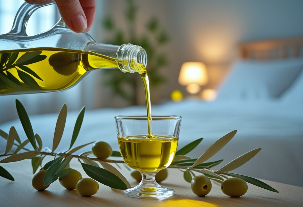 v2-107m60-ps8gd - Preventive Medicine Daily A glass of olive oil being poured next to olive branches on a wooden surface with a softly lit bedroom in the background.