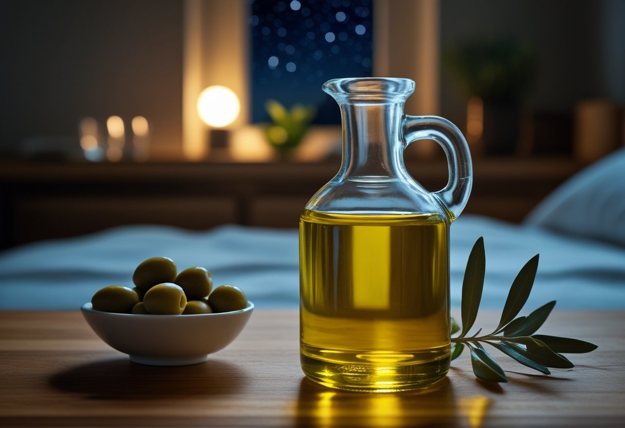 v2-107m77-0of7a - Preventive Medicine Daily A glass of olive oil on a wooden countertop next to olives and olive leaves in a softly lit kitchen at night.