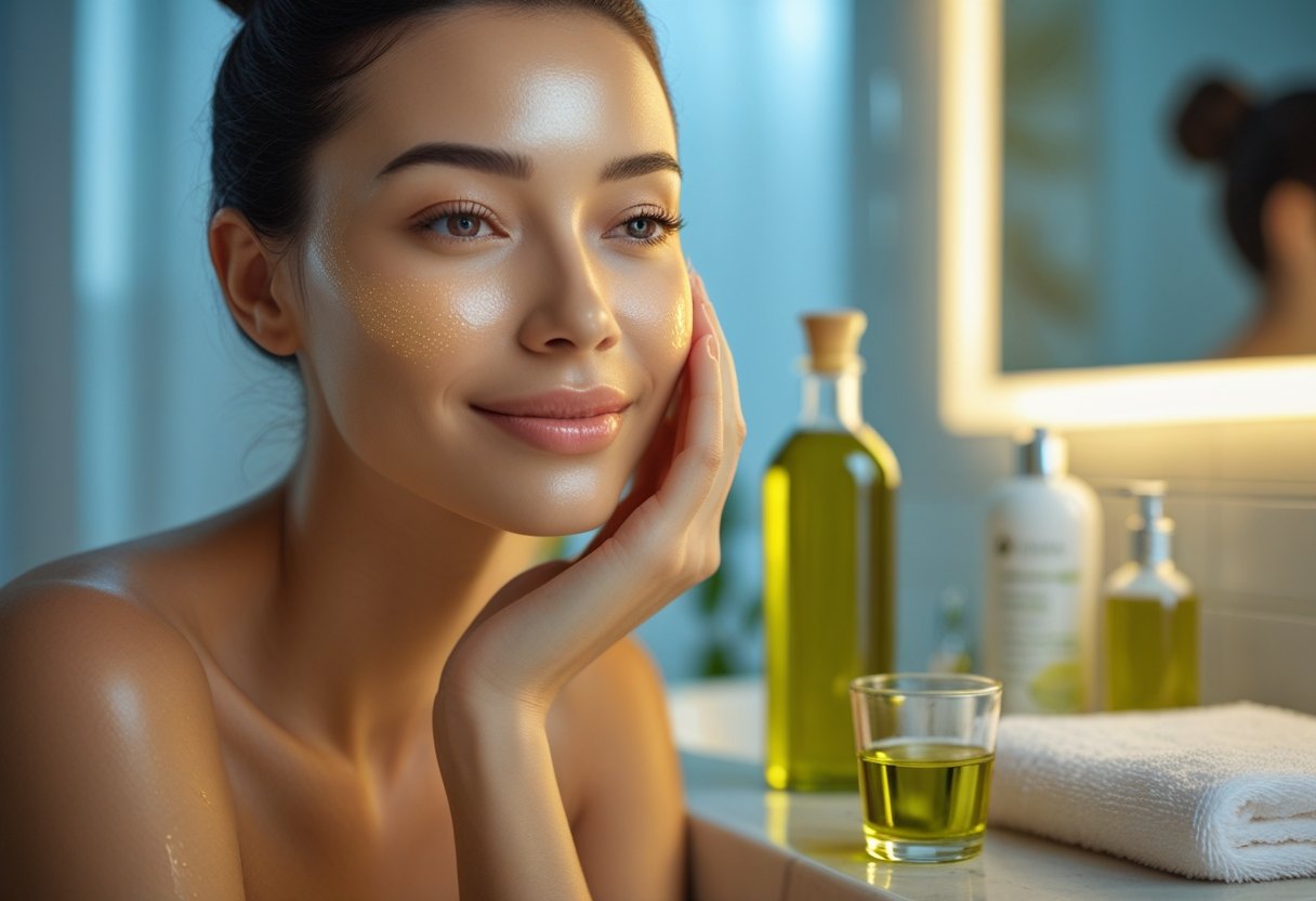 v2-107mhs-qsua8 - Preventive Medicine Daily A woman with glowing skin gently touches her cheek in a softly lit bathroom with a glass and bottle of olive oil on the counter.