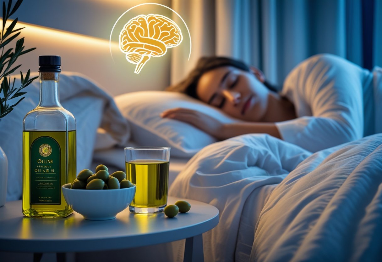 v2-107mia-w4ksv - Preventive Medicine Daily A peaceful bedroom at night with a glass of olive oil and olives on a bedside table and a person sleeping under white bedding.