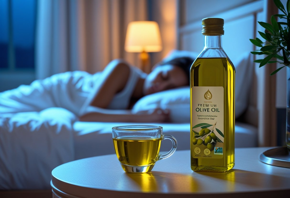v2-107mit-0ggll - Preventive Medicine Daily A bedside table with a glass of olive oil and a bottle next to a bed where a person is resting peacefully.