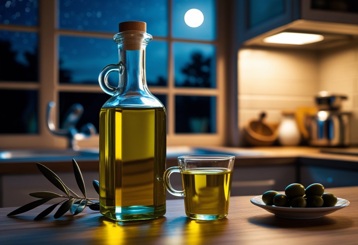 v2-107mjj-nxujf - Preventive Medicine Daily A glass bottle and small cup of olive oil on a wooden kitchen countertop at night, with a plate of olives and olive leaves nearby and a window showing a dark night sky.