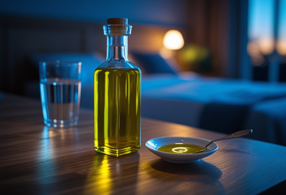v2-107mk9-ynsek - Preventive Medicine Daily A glass bottle of olive oil with a spoon of olive oil on a wooden countertop in a softly lit kitchen, with a blurred bedroom in the background.