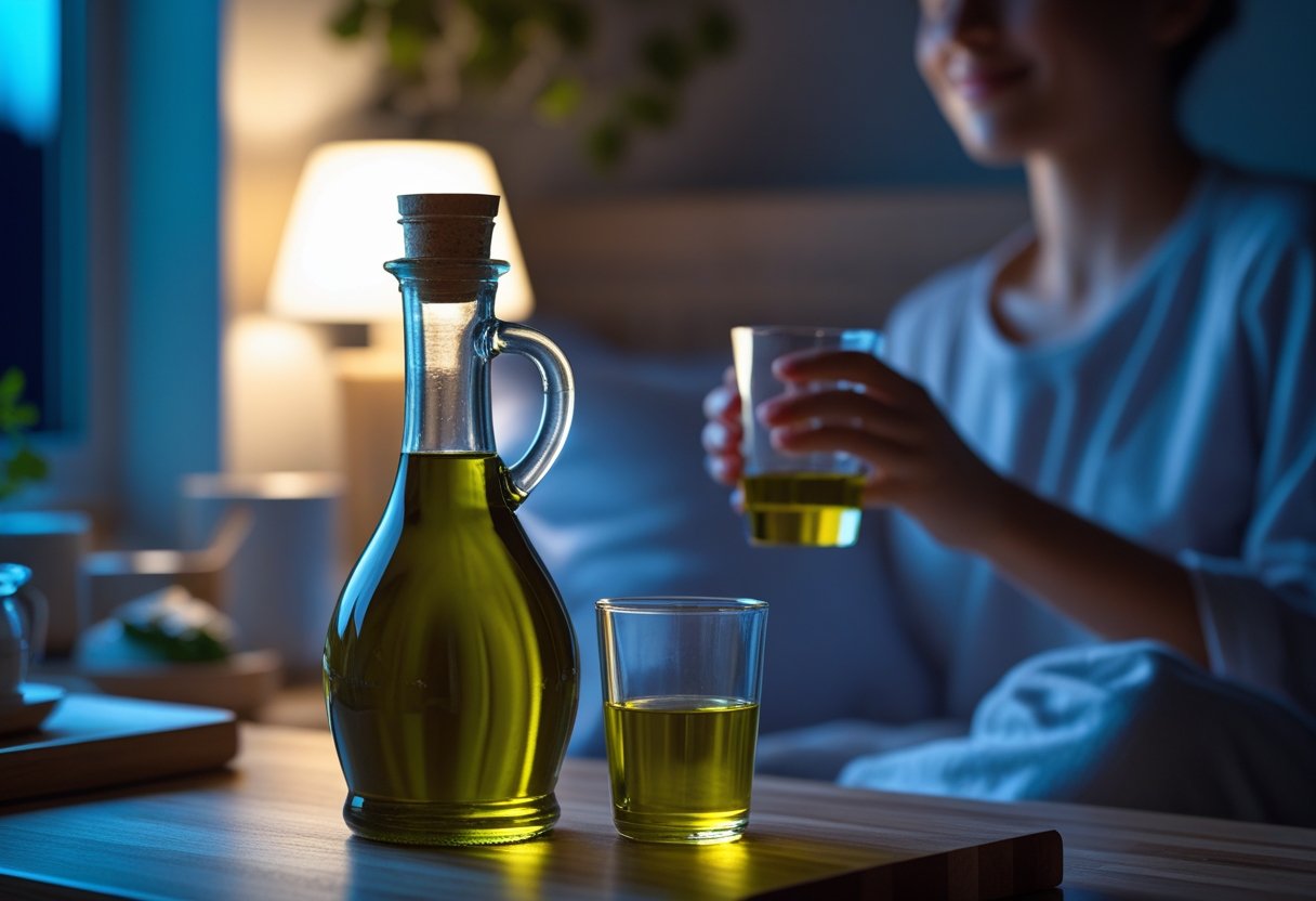 v2-107mkw-4wq4o - Preventive Medicine Daily A person holding a glass of olive oil in a cozy kitchen at night with a bottle of olive oil on the counter.