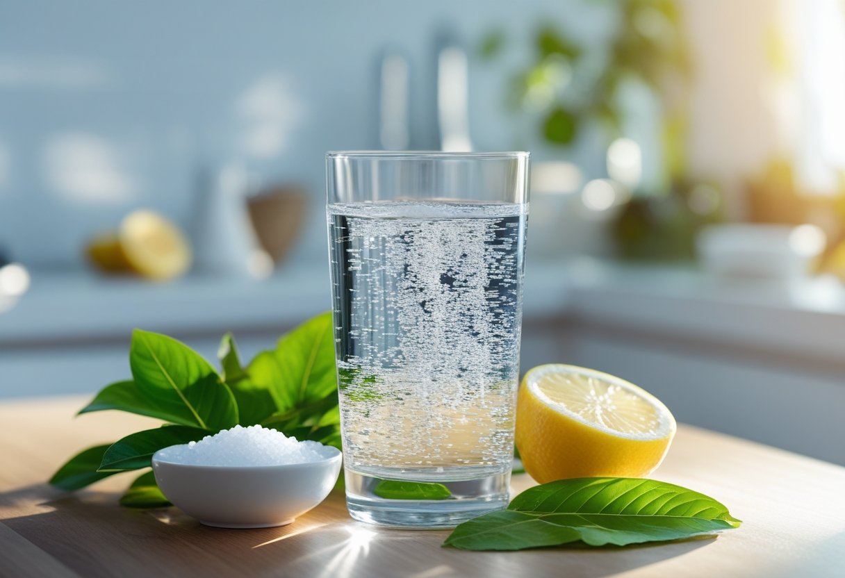 v2-108evl-6ly4d - Preventive Medicine Daily A clear glass of water on a wooden table surrounded by lemon slices and green leaves in a bright, sunlit room.