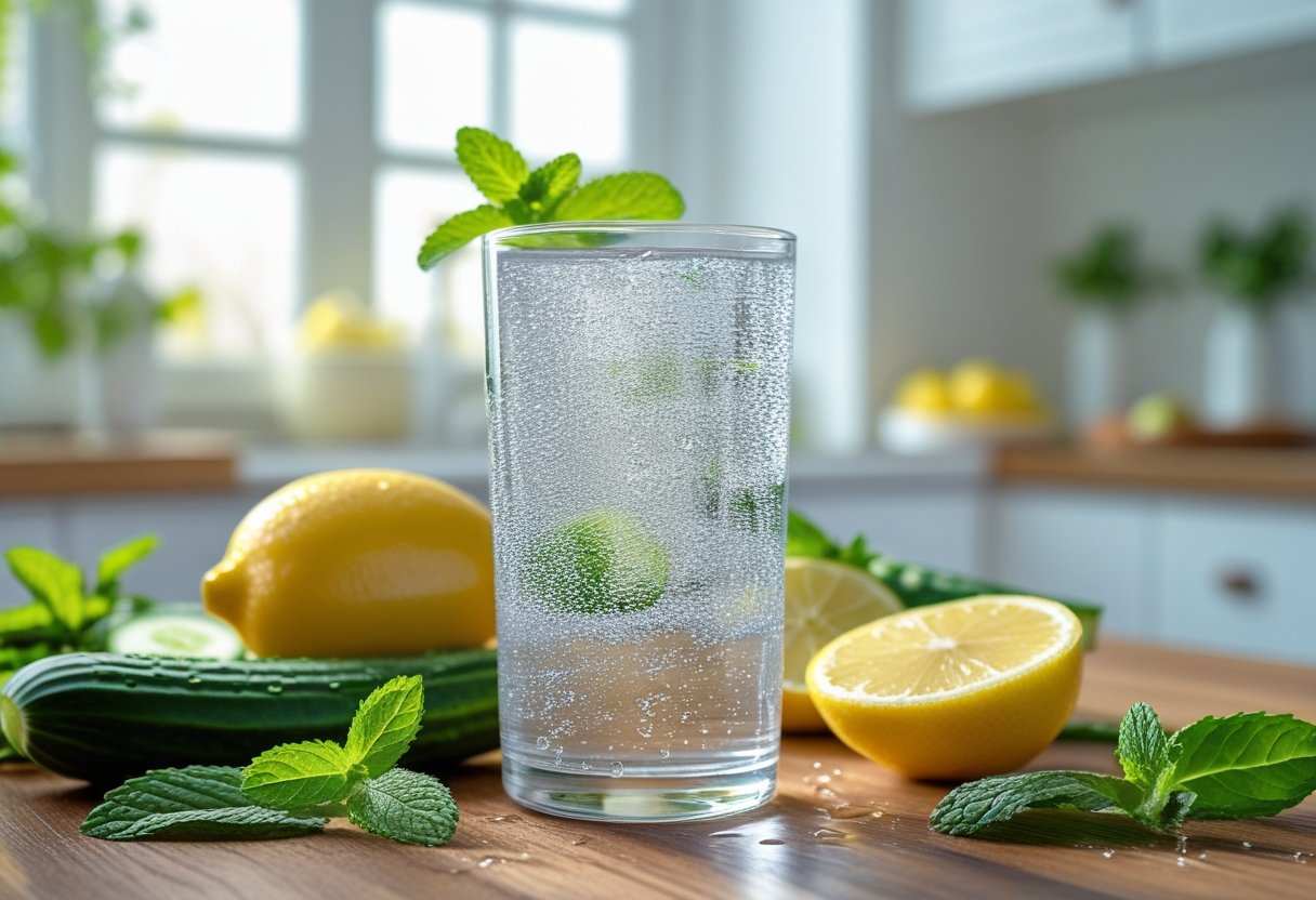 v2-108ew0-hsgho - Preventive Medicine Daily A glass of clear water with lemon slices and mint leaves on a wooden table in a bright kitchen.