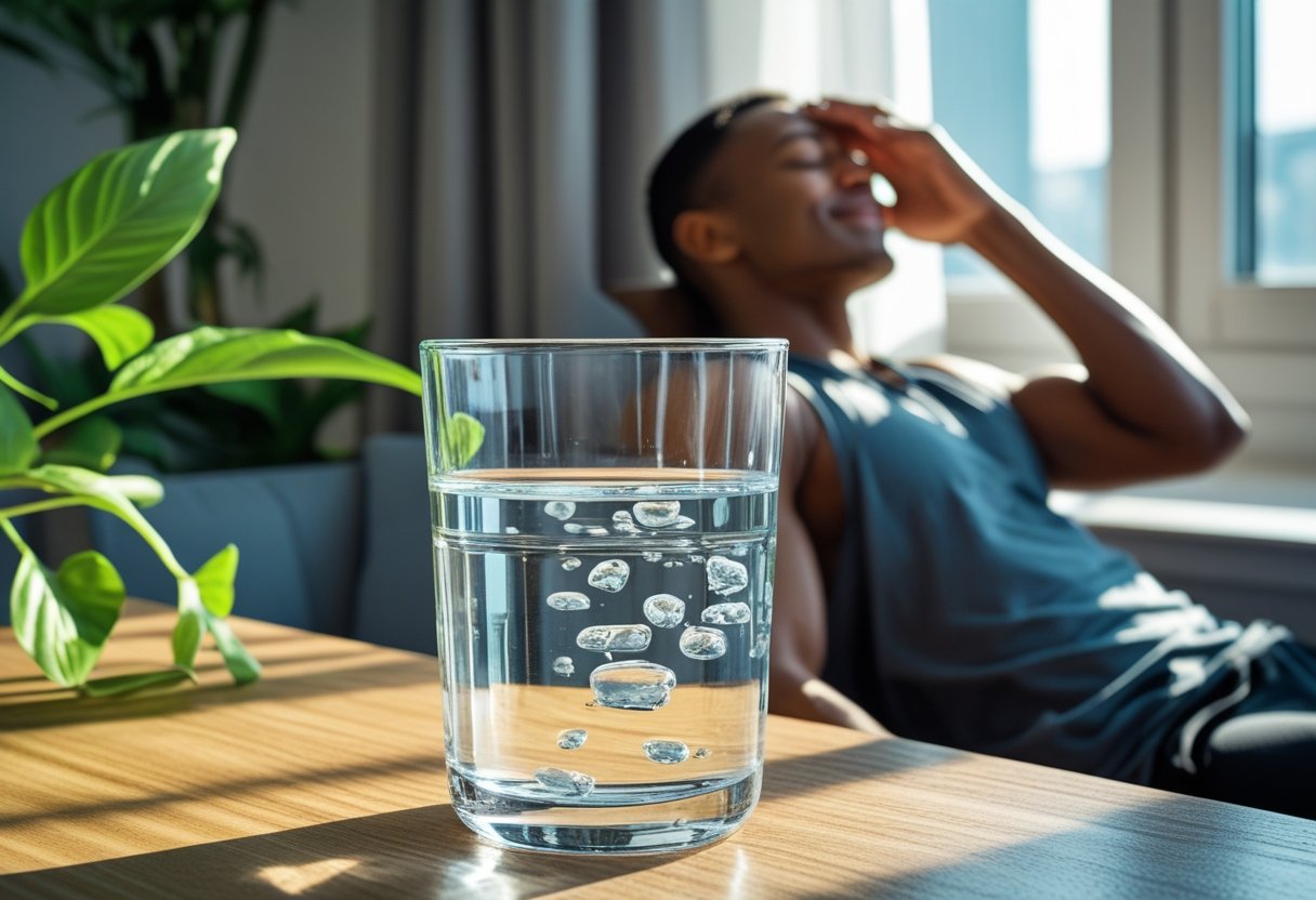v2-108ewj-d5ffv - Preventive Medicine Daily A glass of clear water on a table with a person in the background looking relaxed and comfortable, surrounded by green plants and natural light.