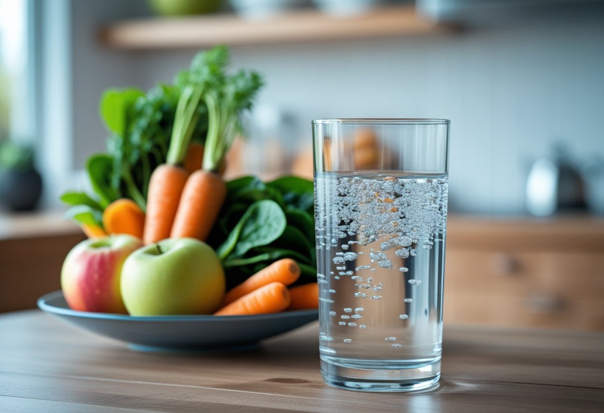 v2-108ex3-zz5wl - Preventive Medicine Daily A clear glass of water on a wooden table next to a bowl of fresh fruits and vegetables in a kitchen.