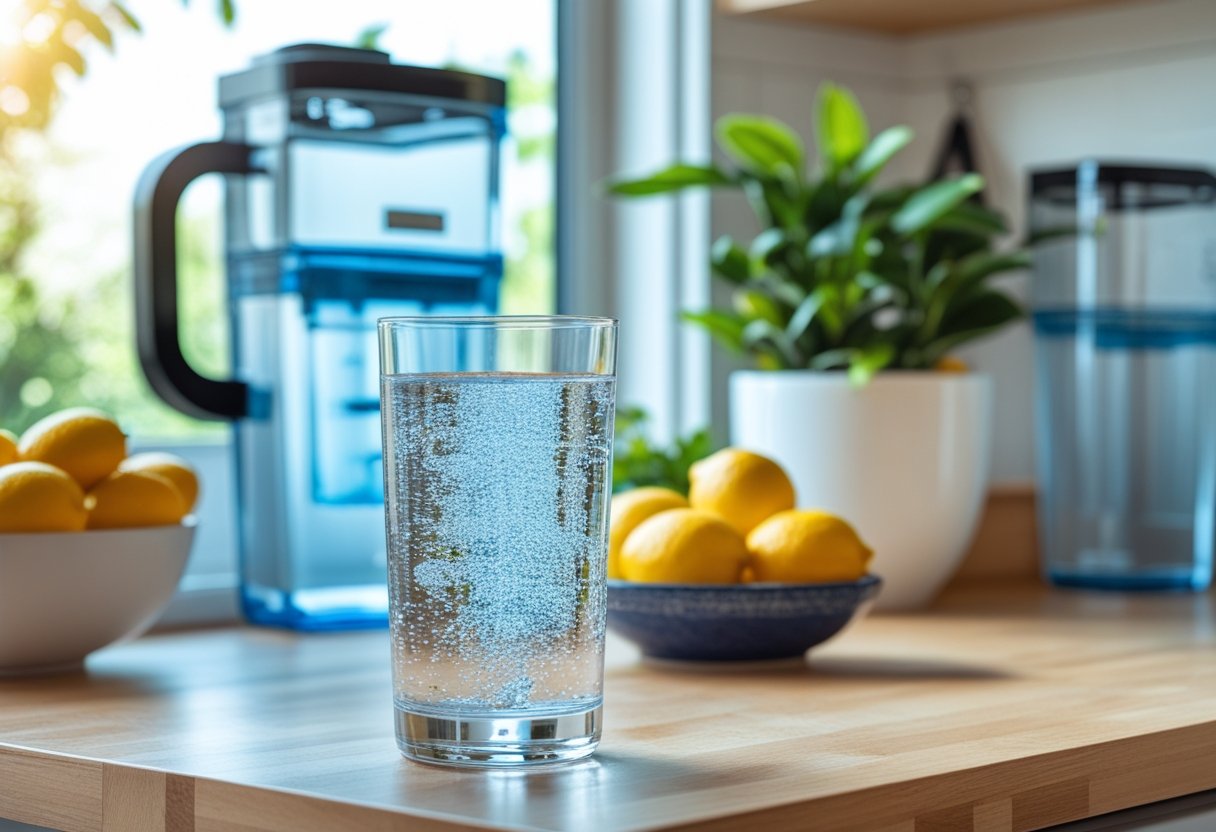 v2-108exp-mulip - Preventive Medicine Daily A glass of clear water on a kitchen countertop next to fresh fruits and a water filter pitcher with natural light coming through a window.