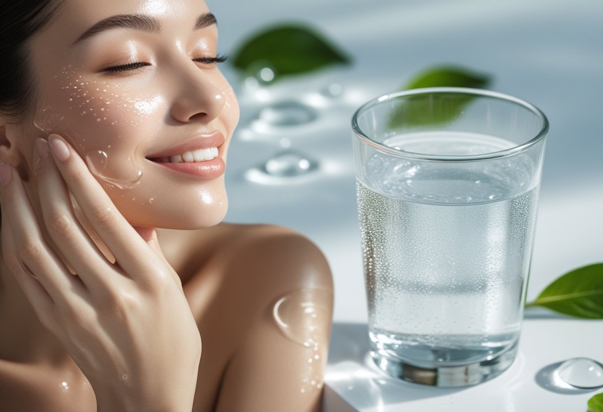 - Preventive Medicine Daily A young woman with glowing skin gently touching her face next to a clear glass of water on a white surface with green leaves.