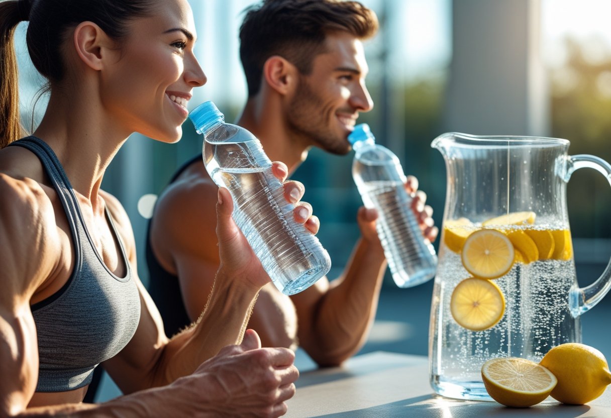 v2-108eyo-jca8a - Preventive Medicine Daily A fit young man and woman drinking water in a bright gym setting with a glass pitcher of water and lemon slices nearby.