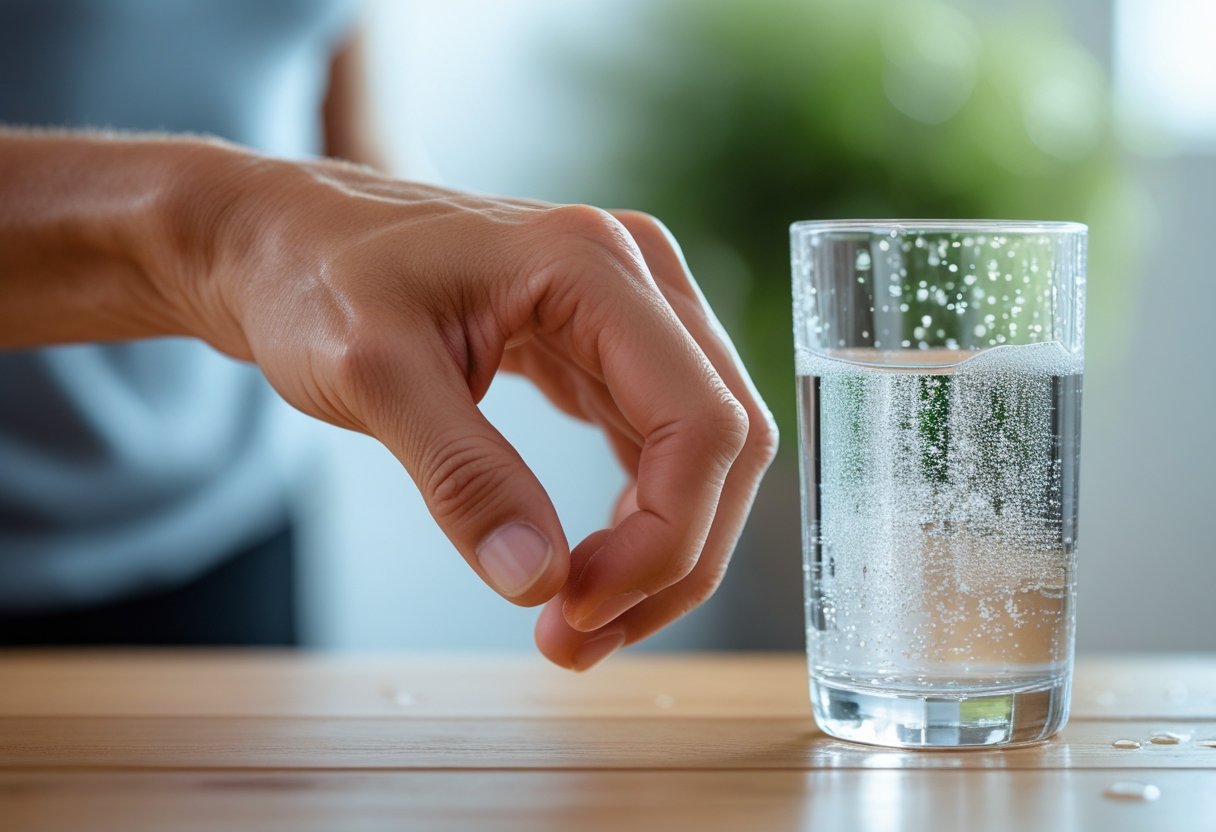 v2-108ezh-s1quo - Preventive Medicine Daily Close-up of a healthy adult's hand bending fingers with a glass of clear water on a table in the background.