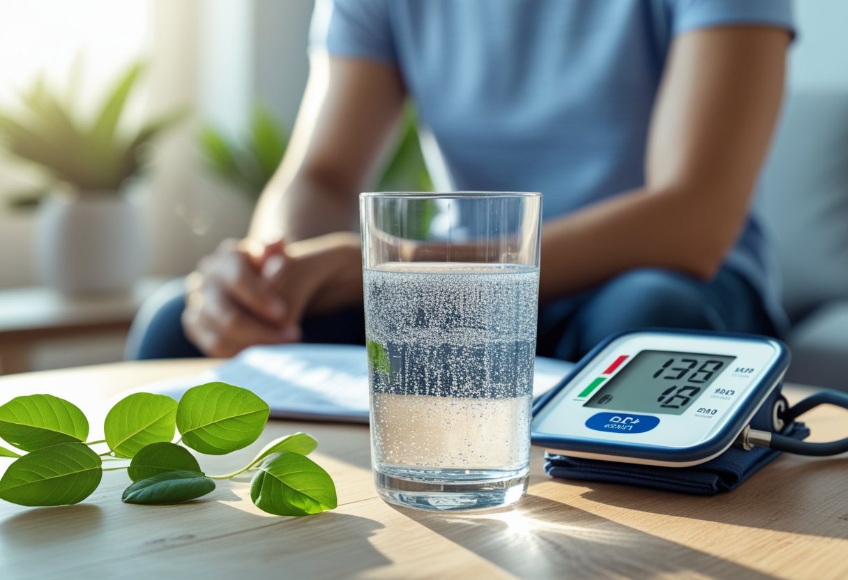 v2-108ezz-klloi - Preventive Medicine Daily A clear glass of water on a wooden table next to a blood pressure monitor with a person smiling in the background.