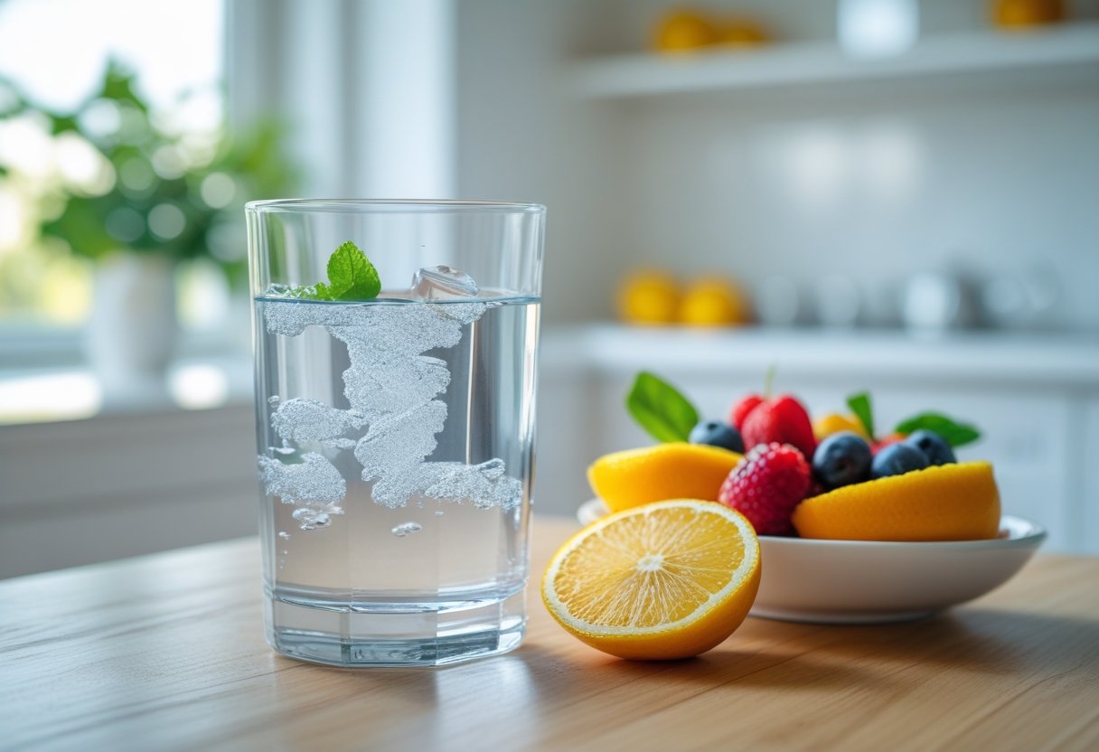 v2-108f0g-v2e4w - Preventive Medicine Daily A clear glass of water on a wooden table next to a bowl of fresh fruits in a bright kitchen.