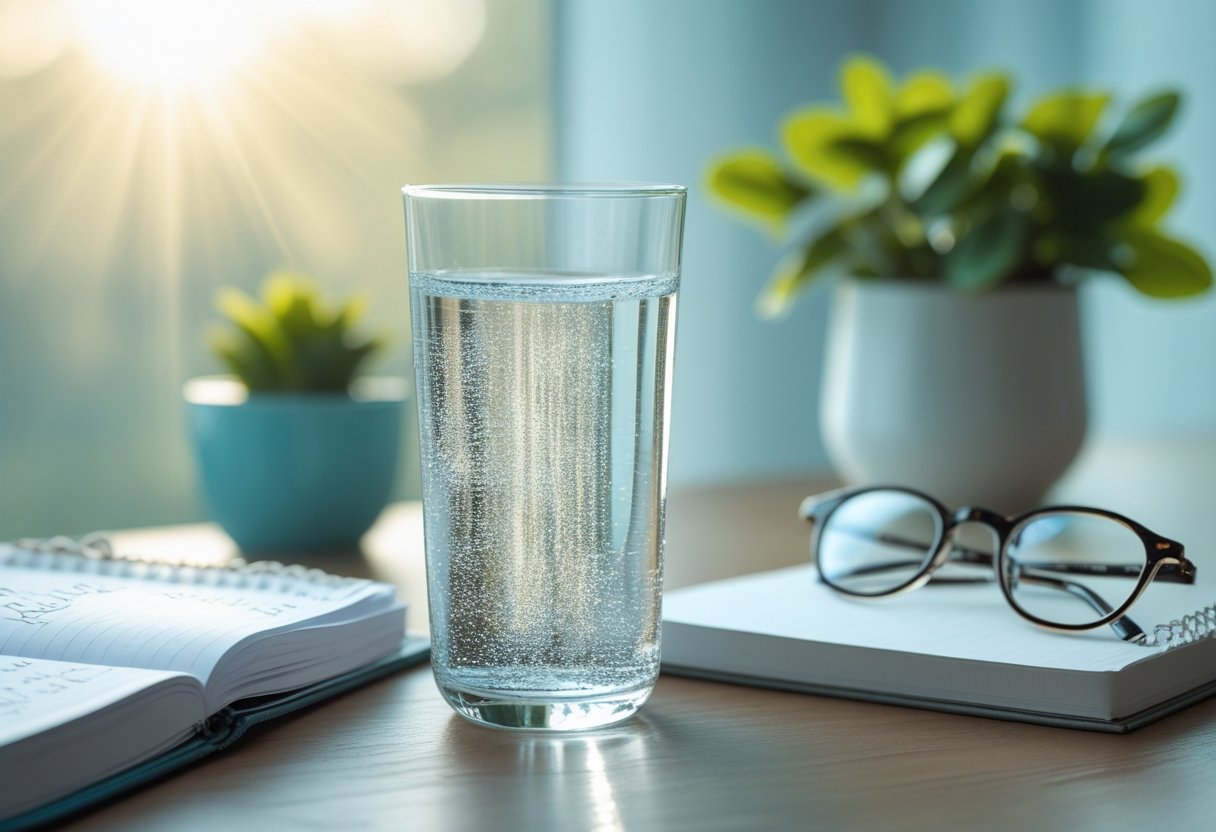 v2-108f0x-s442g - Preventive Medicine Daily A clear glass of water on a wooden table next to an open notebook, eyeglasses, and a small green plant with sunlight coming through a window.