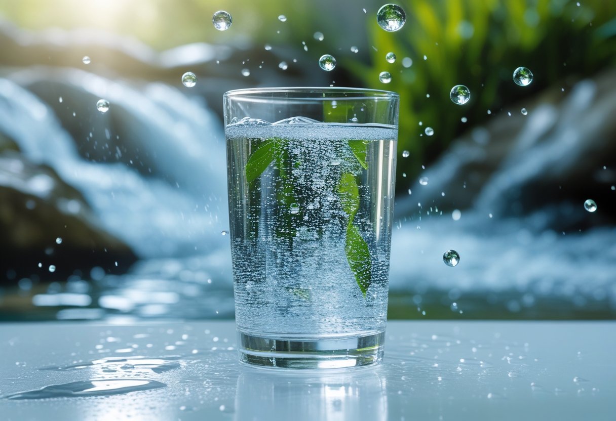 v2-108f1f-exdsw - Preventive Medicine Daily A clear glass of sparkling water on a white surface with natural water and green foliage in the background.