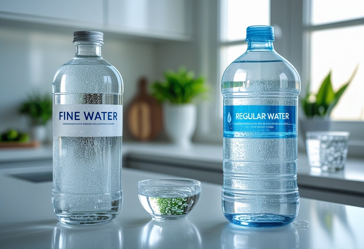 v2-108f1z-zcylm - Preventive Medicine Daily Two clear glass bottles of water on a kitchen countertop, one representing fine water and the other regular water, with small bowls of water samples and a glass of water nearby, set in a bright kitchen with plants.