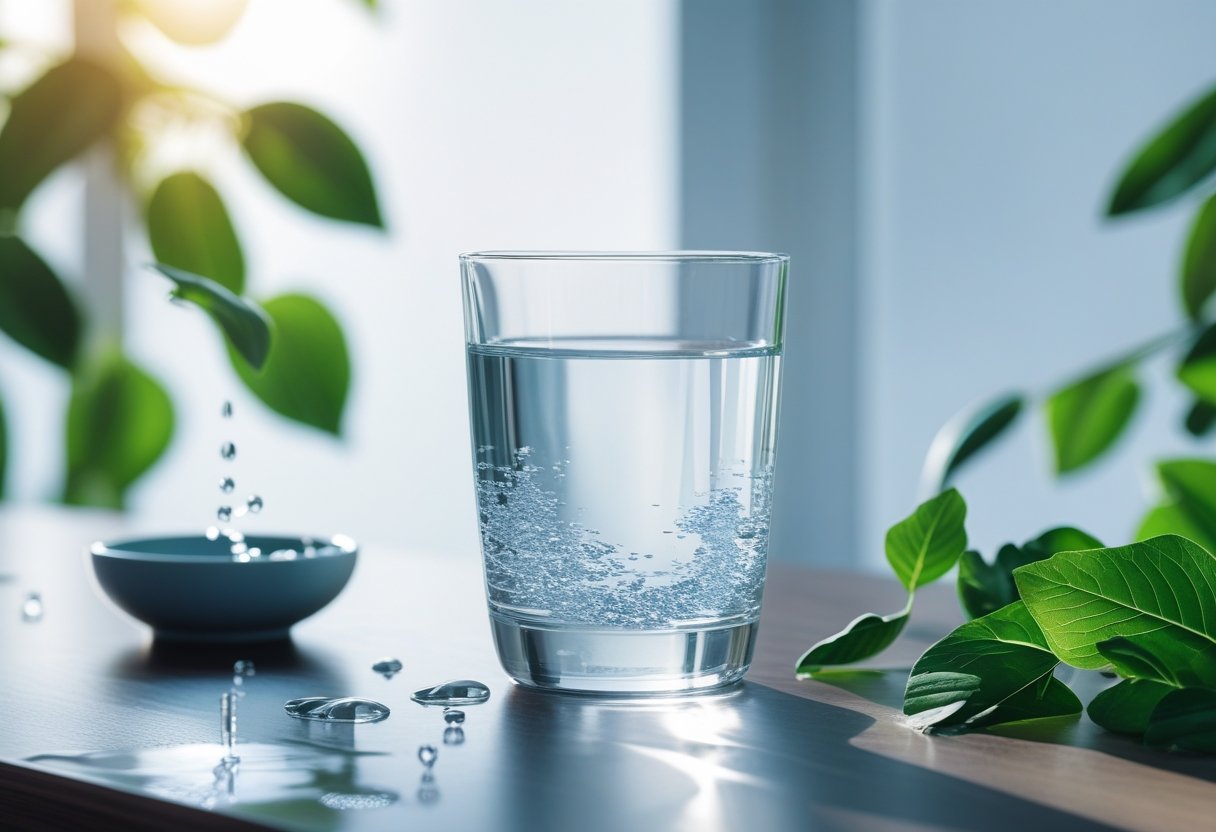 v2-108f2q-ebtw7 - Preventive Medicine Daily A clear glass of water on a wooden table with green leaves and soft natural light in the background.