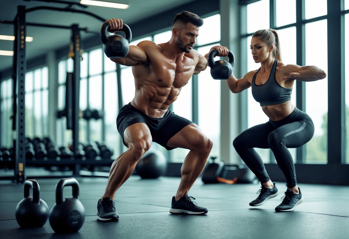 v2-108x0l-7w3oa - Preventive Medicine Daily A man and woman exercising intensely in a gym, performing kettlebell swings and jump squats.