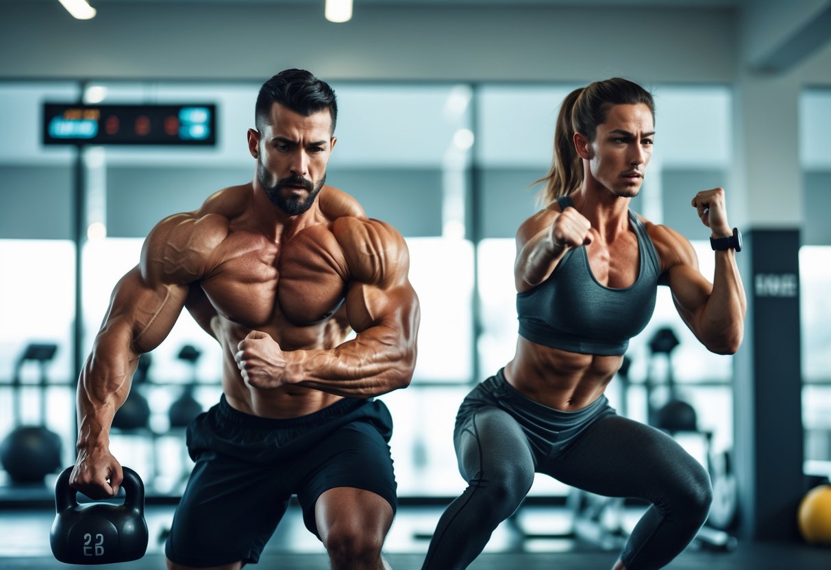 v2-108x1k-6w4hf - Preventive Medicine Daily A man and woman performing intense exercises in a gym, showing effort and muscle engagement during a high-intensity workout.