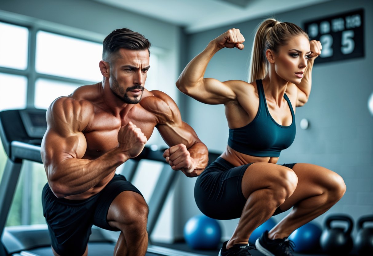 v2-108x3j-mrenr - Preventive Medicine Daily A man running on a treadmill and a woman doing jump squats in a gym, both showing fit and muscular physiques during high-intensity training.