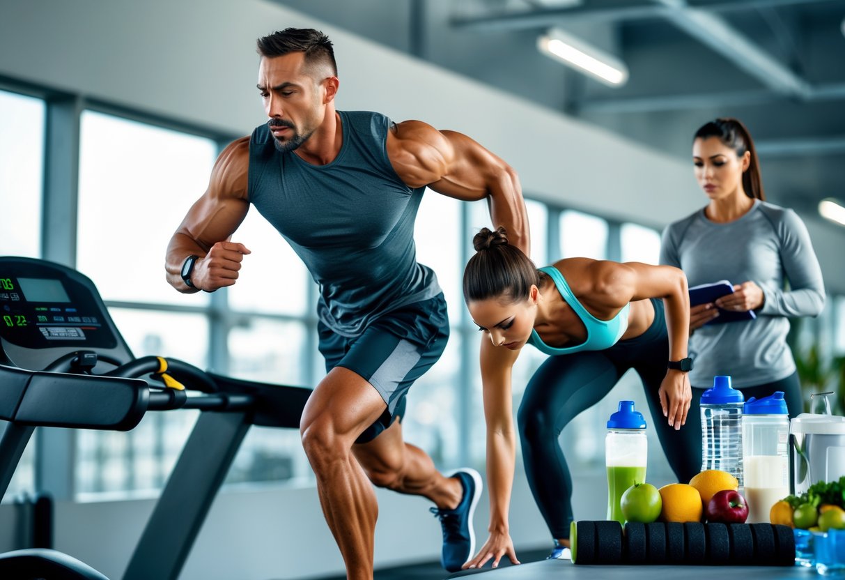 v2-108x5q-f7fh9 - Preventive Medicine Daily A man sprinting on a treadmill while a woman stretches nearby with a foam roller in a gym, with healthy food and a trainer watching in the background.