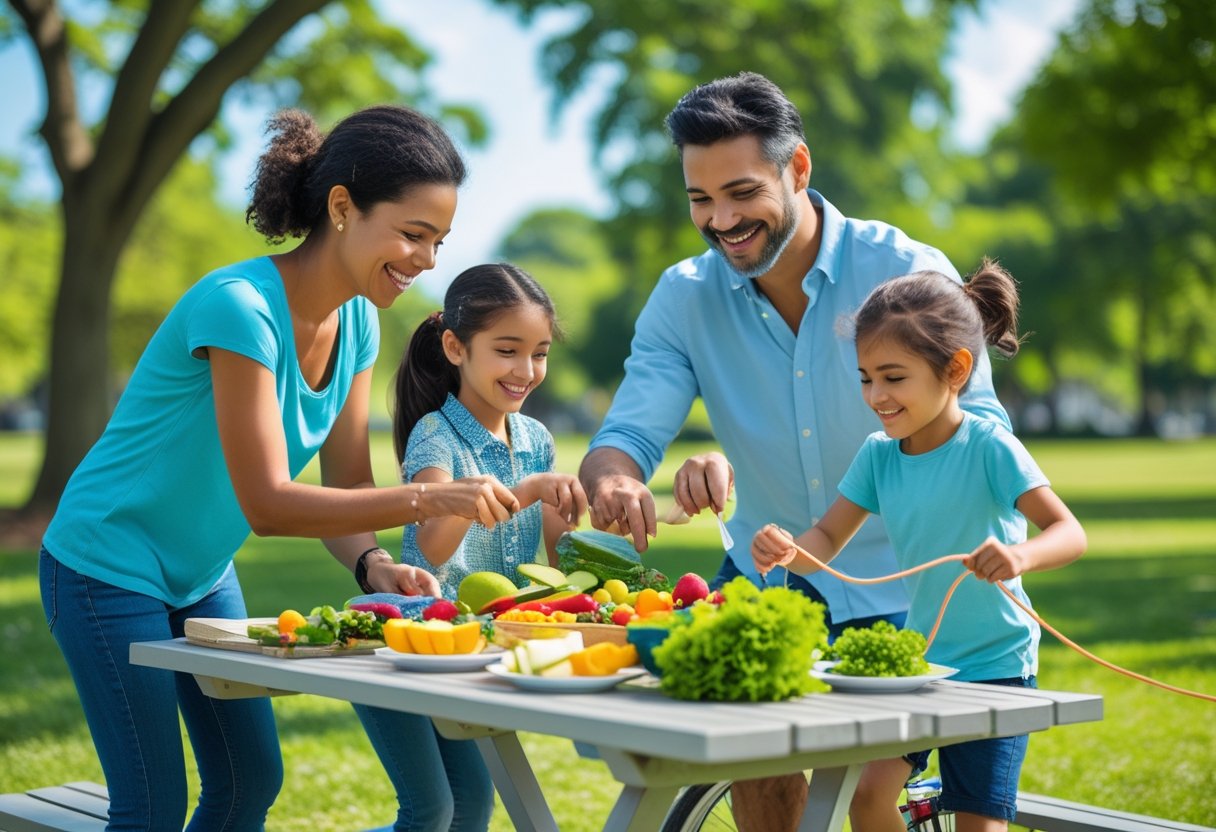 - Preventive Medicine Daily A family of four preparing fresh fruits and vegetables at a picnic table in a park while children play outside.