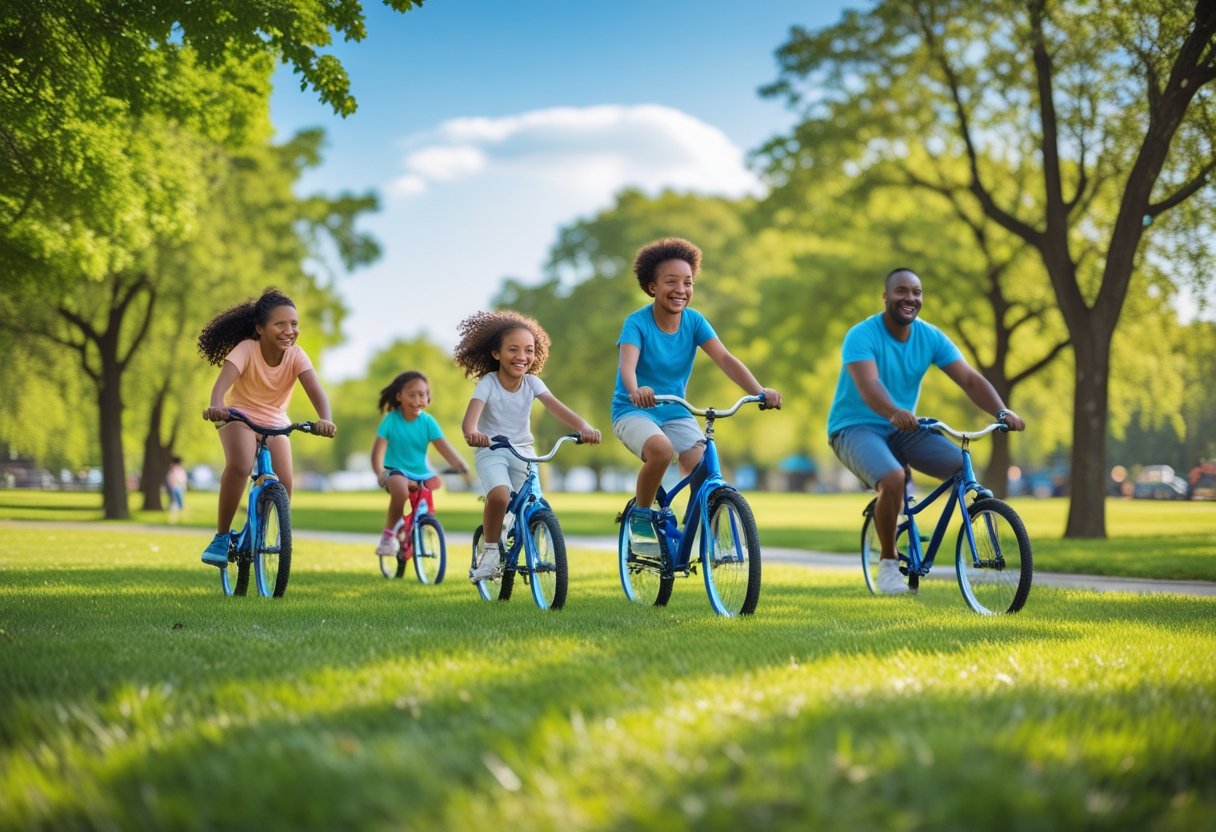 v2-10aaws-8c74s - Preventive Medicine Daily A family with children biking and playing outside in a sunny park.