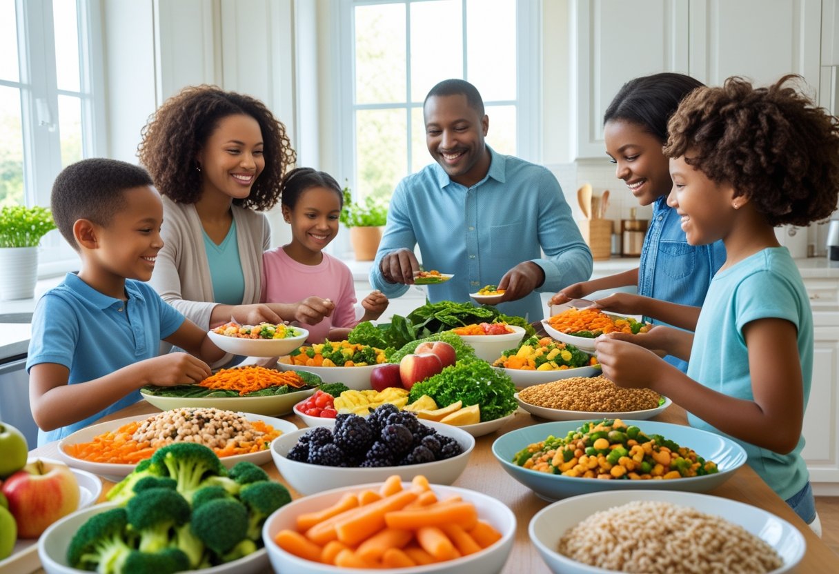 v2-10aax8-mh6sy - Preventive Medicine Daily A family gathered around a table enjoying a meal with vegetables, fruits, whole grains, and lean proteins.