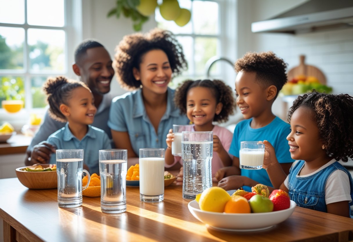 v2-10aaxo-3ig69 - Preventive Medicine Daily A family with young children sitting at a kitchen table drinking water and milk, surrounded by healthy foods.