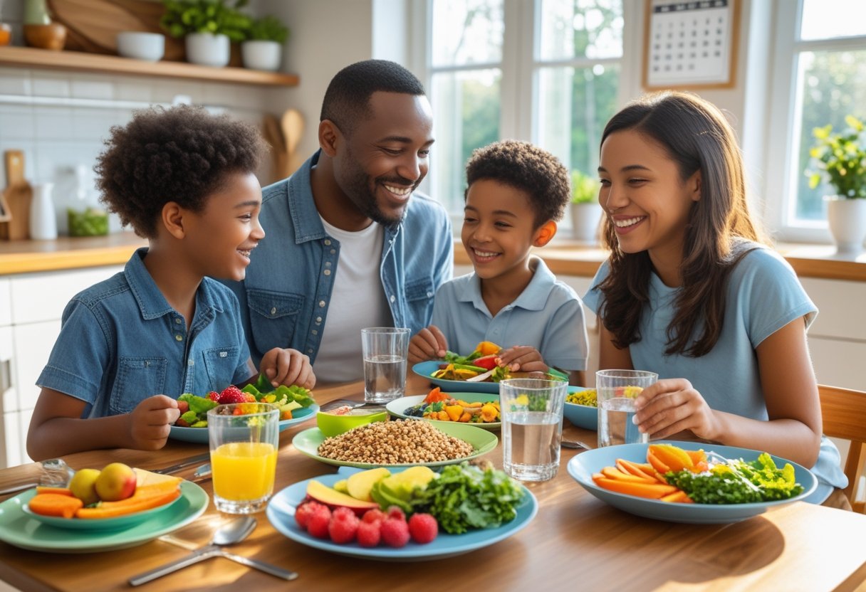 v2-10aay3-5pugk - Preventive Medicine Daily A family of four sitting at a kitchen table enjoying healthy meals and snacks together.
