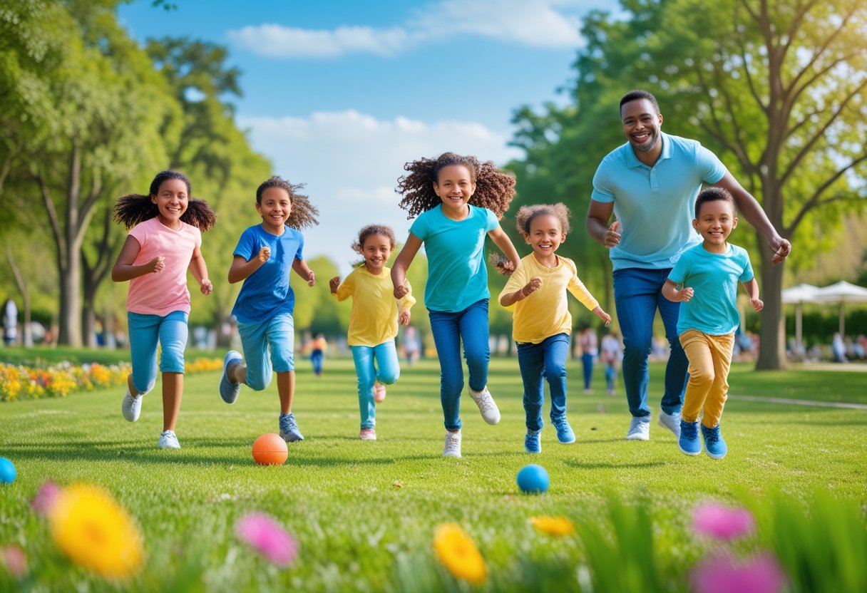 v2-10aayl-rf37j - Preventive Medicine Daily A family with young children playing actively together outdoors in a sunny park with green grass and trees.