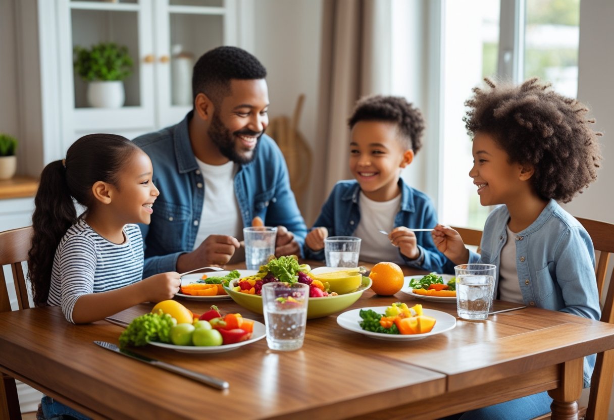 v2-10aaz2-o0gqg - Preventive Medicine Daily A family of four sitting together at a dining table, enjoying a healthy meal and talking with each other without any electronic devices around.