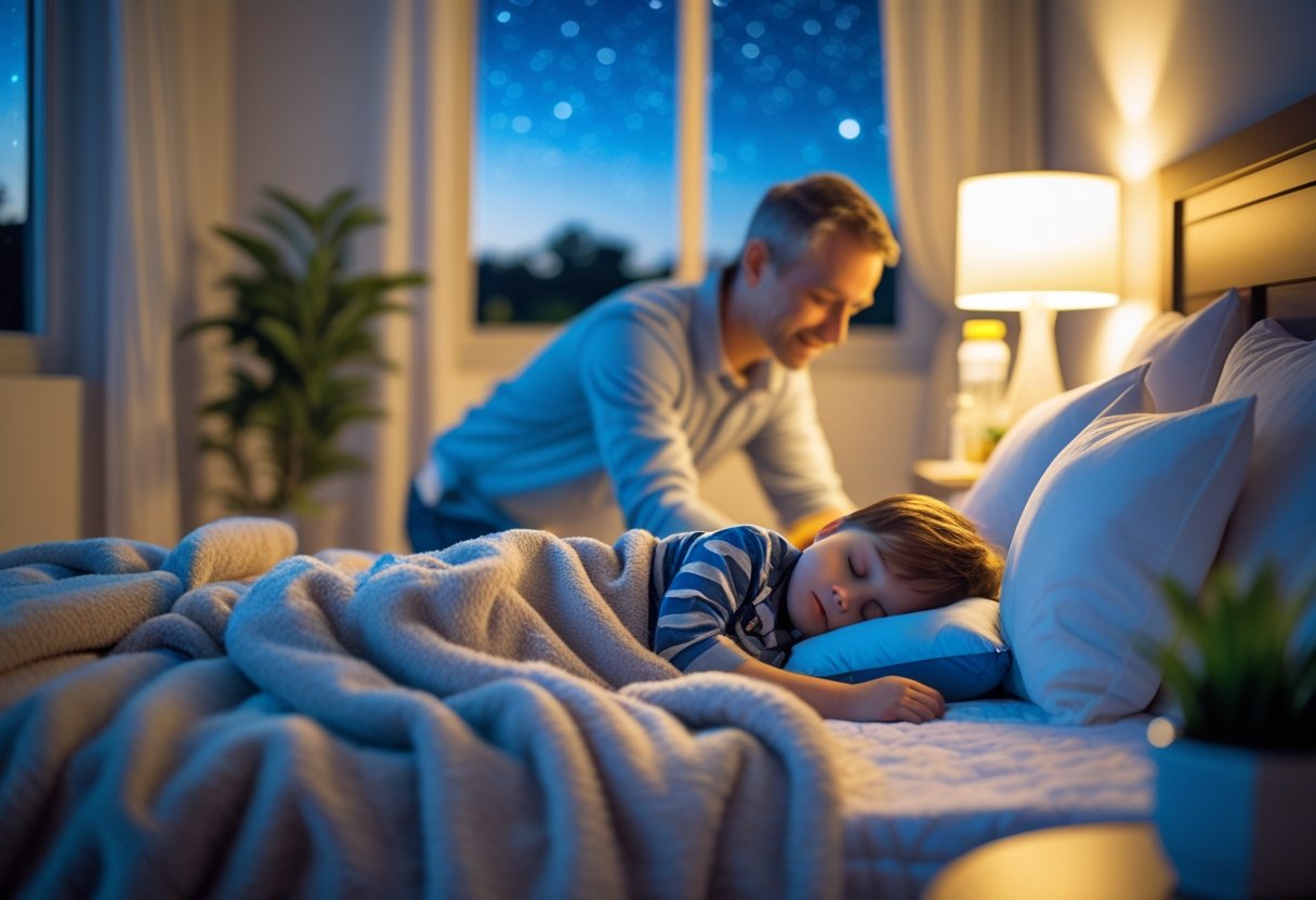 v2-10aazh-xv2cm - Preventive Medicine Daily A child sleeping peacefully in bed while a parent gently tucks them in at night.