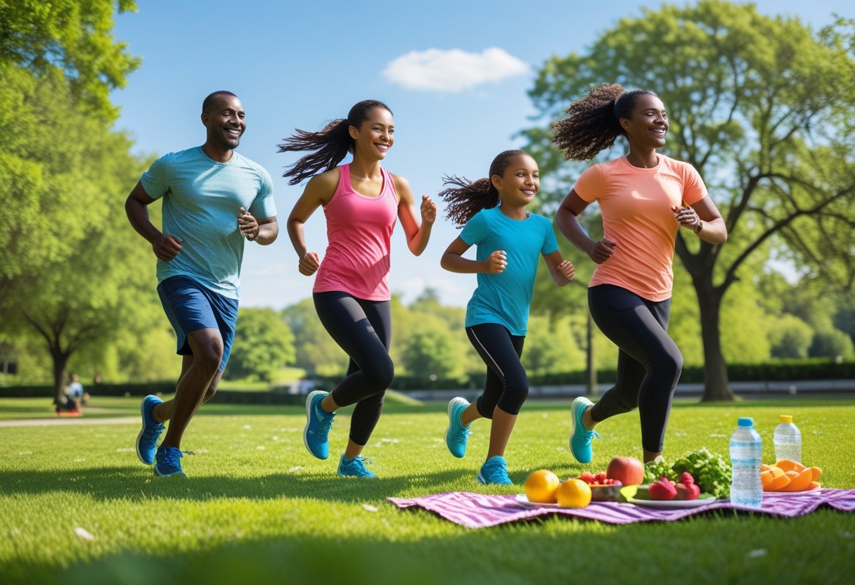 v2-10aazv-l31eo - Preventive Medicine Daily A family of four jogging together outdoors in a park with fresh fruits on a picnic blanket nearby.