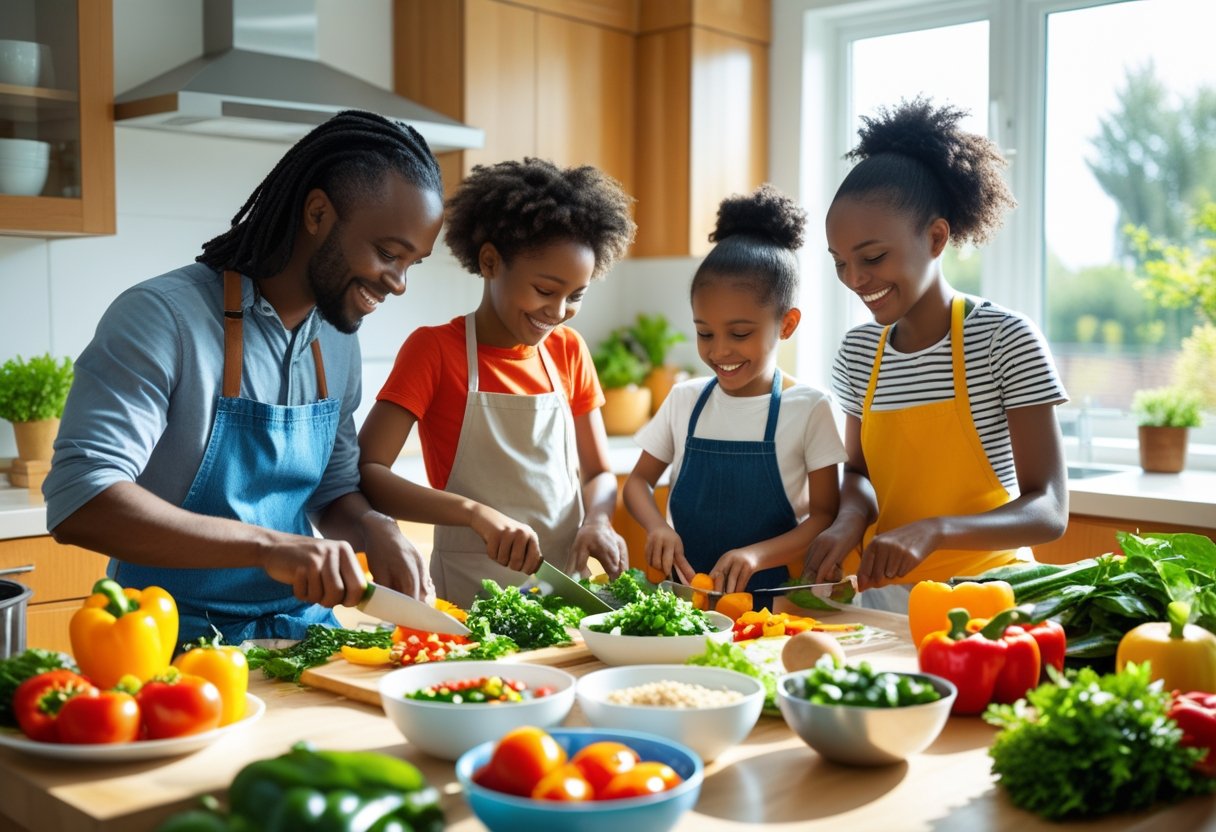 v2-10ab0r-rqtx8 - Preventive Medicine Daily A family of four cooking a healthy meal together in a bright kitchen with fresh vegetables on the counter.