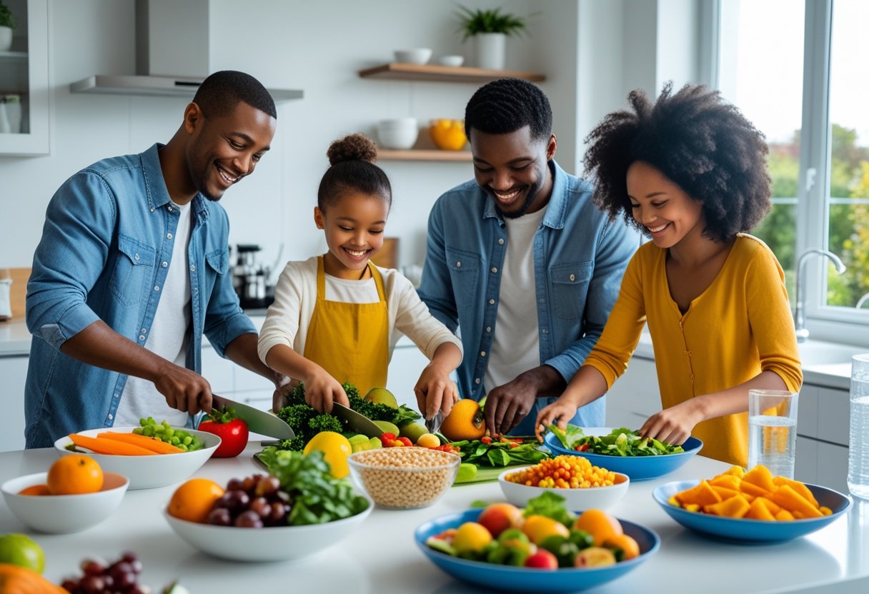 v2-10ab1b-rcft8 - Preventive Medicine Daily A family of four preparing a healthy meal together in a bright kitchen with fresh fruits and vegetables.
