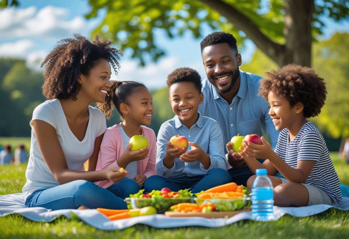 v2-10ab1x-qyybd - Preventive Medicine Daily A happy family with parents and two children enjoying healthy food and outdoor activities in a sunny park.