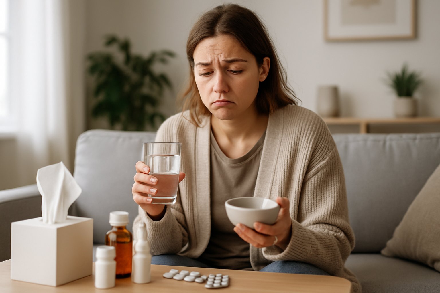 v2-10arkn-iqxvi - Preventive Medicine Daily A young woman sitting on a couch looking tired and unwell, holding a glass of water and a small bowl, with medications on a nearby table.
