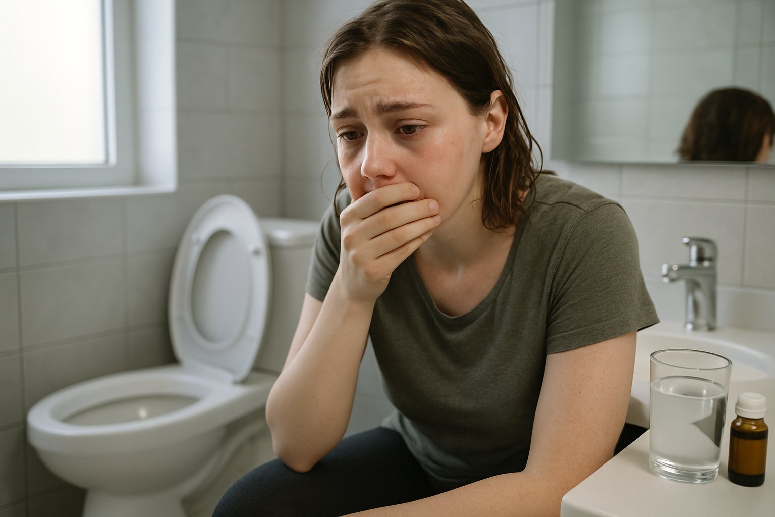 What happens if you throw up every day - Preventive Medicine Daily A young adult sitting on the edge of a bathroom sink looking distressed and fatigued, with a toilet and bathroom mirror visible nearby.
