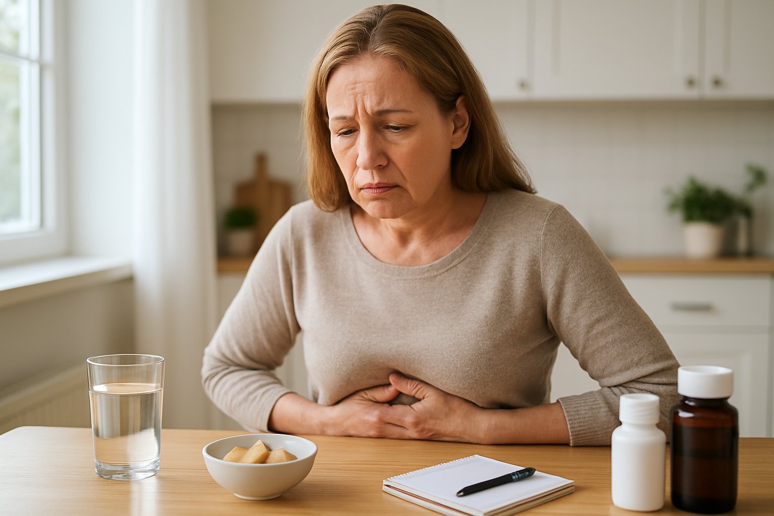 v2-10arm1-qug7i - Preventive Medicine Daily A middle-aged woman sitting at a kitchen table looking unwell and holding her stomach, with a glass of water, ginger slices, and medication bottles nearby.